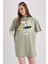 Coool Snoopy Oversize Fit Penye Mini Kısa Kollu %100 Pamuk Elbise Green 1