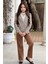 Kız Çocuk Yakası Açık ve Taş Detaylı Bluz Ekose Çizgi Blazer Ceket Kemerli Taba Alt Üst Takım 1