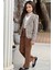 Kız Çocuk Yakası Açık ve Taş Detaylı Bluz Ekose Çizgi Blazer Ceket Kemerli Taba Alt Üst Takım 2