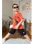Erkek Çocuk Dinazor ve Bisiklet Baskılı Turuncu T-Shirt Penye Şortlu Takım 2
