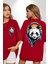 Kulaklıklı Tatlı Havalı Panda Kadın Erkek Ön Minimal Sırt Baskılı Kırmızı Pamuklu Tişört 1