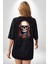 Müzik Dinleyen Havalı Kurukafa Kadın Erkek Ön Minimal Sırt Baskılı Siyah Pamuklu Tişört 2
