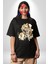 Deri Ceketli Cool Leopar Kadın Erkek Ön Baskılı Siyah Pamuklu Tişört Penye Klasik 4
