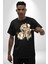 Deri Ceketli Cool Leopar Kadın Erkek Ön Baskılı Siyah Pamuklu Tişört Penye Klasik 5