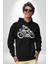 Kaligram Motorsiklet Havalı Kadın Erkek Baskılı Üç Iplik Siyah Kapüşonlu Hodie Sweatshirt 3