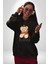 Kral Taçlı Oyuncak Ayı Kadın Erkek Baskılı Üç Iplik Siyah Kapüşonlu Hodie Sweatshirt 2