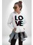 Glitch Aşk Yazısı Mavi Kırmızı Tonları Kadın Erkek Baskılı Üç Iplik Beyaz Kapüşonlu Hodie Sweatshirt 1