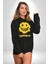 Mutluluk Kara Kalen Gülen Yüz Kadın Erkek Baskılı Üç Iplik Siyah Kapüşonlu Hodie Sweatshirt 2