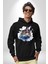 Şato Önünde Uçan Araba Kadın Erkek Baskılı Üç Iplik Siyah Kapüşonlu Hodie Sweatshirt 1