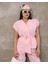 Premium Keten Kumaş Pembe T Kol Bağlamalı Yelek Pantolon Takım 1