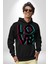 Glitch Aşk Yazısı Mavi Kırmızı Tonları Kadın Erkek Baskılı Üç Iplik Siyah Kapüşonlu Hodie Sweatshirt 3