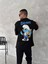 Ön ve Arka Baskılı Oversize Bisiklet Yaka T-Shirt- Siyah 4