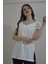 Kadın Yakası ve Kollarında Sim Detaylı V Yaka Kisa Kollu Yırtmaç Detaylı Uzun T-Shirt 1