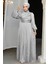 Drape Detaylı Gri Tesettür Abiye Elbise 44081GR 1