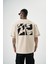 Erkek 22 Yazılı Nakışlı Oversize T-Shirt Bej 1