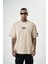 Erkek 22 Yazılı Nakışlı Oversize T-Shirt Bej 2