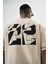 Erkek 22 Yazılı Nakışlı Oversize T-Shirt Bej 4