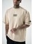 Erkek 22 Yazılı Nakışlı Oversize T-Shirt Bej 5