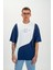 Erkek Şerit Detaylı Yazılı Oversize T-Shirt Indigo 1