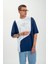 Erkek Şerit Detaylı Yazılı Oversize T-Shirt Indigo 5