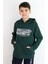 Erkek Çocuk Sweatshirt Yazı Baskılı Kanguru Cepli Kapüşonlu 8-14 Yaş, Koyu Yeşil 1