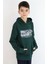 Erkek Çocuk Sweatshirt Yazı Baskılı Kanguru Cepli Kapüşonlu 8-14 Yaş, Koyu Yeşil 2
