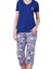 Kadın Saks Mavi Çiçek Desen V Yaka Likralı Viskon Kısa Kol Kapri Pijama Takımı 2