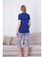 Kadın Saks Mavi Çiçek Desen V Yaka Likralı Viskon Kısa Kol Kapri Pijama Takımı 5