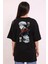 Unisex Bisiklet Yaka Baskılı Oversize T-Shirt - Siyah 4