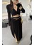 Hot Fashıon Kadın Büzgülü Uzun Kol Crop Bluzlü ve Derin Yırtmaçlı Maxi Boy Balon Etekli Ikili Takım 2