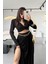 Hot Fashıon Kadın Büzgülü Uzun Kol Crop Bluzlü ve Derin Yırtmaçlı Maxi Boy Balon Etekli Ikili Takım 4