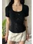Bozz&bozz Collection Kurdele Detaylı, Kare Yaka, Kısa Kollu, Fitilli Örme, Crop, Bluz 1