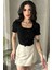 Bozz&bozz Collection Kurdele Detaylı, Kare Yaka, Kısa Kollu, Fitilli Örme, Crop, Bluz 2