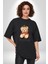 Kral Taçlı Oyuncak Ayı Kadın Erkek Ön Baskılı Siyah Pamuklu Tişört Penye Klasik 4
