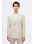 Slim Fit Bej Armürlü %100 Keten Kruvaze Kumaş Ceket 1