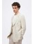 Slim Fit Bej Armürlü %100 Keten Kruvaze Kumaş Ceket 2