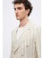 Slim Fit Bej Armürlü %100 Keten Kruvaze Kumaş Ceket 3