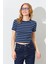 Kadın Lacivert-Beyaz (25512) Bisiklet Yaka Çizgili Kısa Kollu Full Likra Ribana Tişört 2