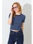 Kadın Lacivert-Beyaz (25512) Bisiklet Yaka Çizgili Kısa Kollu Full Likra Ribana Tişört 3