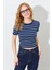 Kadın Lacivert-Beyaz (25512) Bisiklet Yaka Çizgili Kısa Kollu Full Likra Ribana Tişört 4