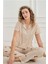 Kadın Kısa Kol Önden Düğmeli Ayıcık Desen Bej Pijama Takımı 70110-918 1
