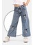 Kuromi Nakışlı-Kar Yıkamalı-Pamuklu-Mavi Kot-Denim-Jeans-Palazzo-Kız Çocuk Pantolonu 3