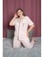 Büyük Beden Viskon Kumaş Pembe Çizgili Pijama Takımı - 9331 1