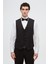 Slim Fit Siyah Düz Damatlık & Smokin Yelekli Takim Elbise 3