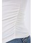 Kadın Beyaz Dik Yaka Kısa Kollu Büzgü/Drape Detaylı Fitted/Vücuda Oturan Asimetrik Örme Bluz 5