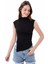 Kadın Siyah Dik Yaka Kısa Kollu Büzgü/Drape Detaylı Fitted/Vücuda Oturan Asimetrik Örme Bluz 1