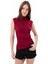 Kadın Bordo Dik Yaka Kısa Kollu Büzgü/Drape Detaylı Fitted/Vücuda Oturan Asimetrik Örme Bluz 1