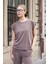 Kadın Modal Ipeksi Likralı Kumaş Geniş Sıfır Yaka Düşük Omuzlu T-Shirt Bluz-Kahve 4