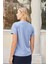 Kadın V Yaka Kısa Kol Likralı Span Kumaş Şık T-Shirt Bluz-Açık Mavi 4