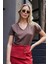 Kadın V Yaka Kısa Kol Likralı Span Kumaş Şık T-Shirt Bluz-Kahve 1